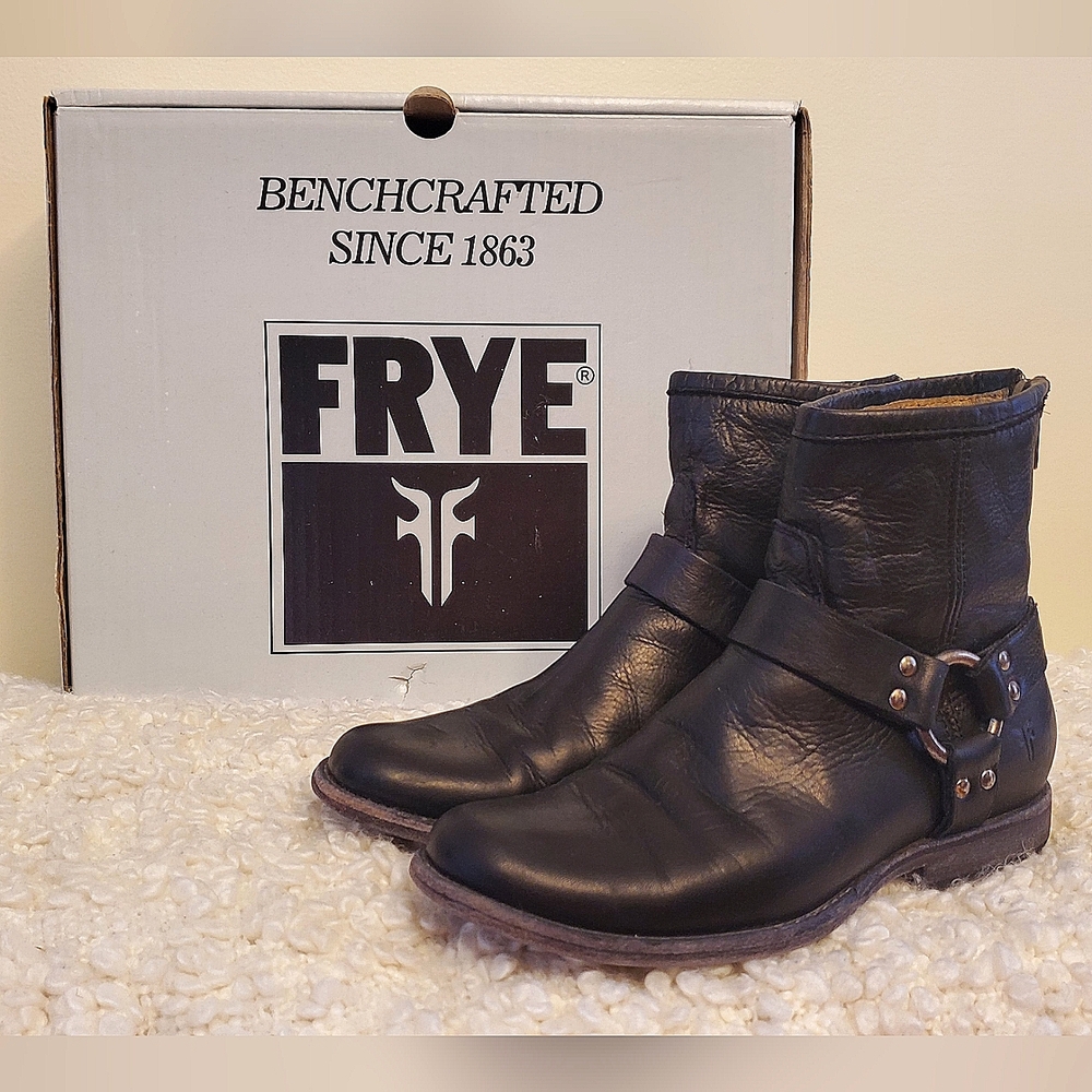 Frye Phillip Harness Short Ankle Boots Black 7.5 M